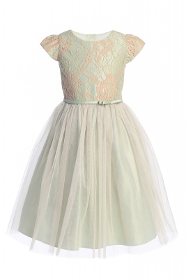 Sage and Blush Floral Lace Dress with Crystal Tulle